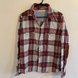plaid flannel button down top with elbow patches